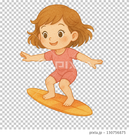 A cheerful girl surfing on a yellow board, showcasing joy and freedom. 130756875