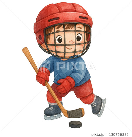 A joyful child playing hockey, demonstrating passion for sports and youth activity. 130756883