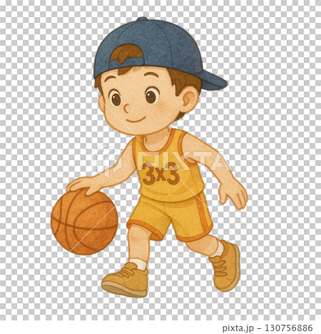 A young boy dribbling a basketball, showcasing joy in sports and activity. 130756886