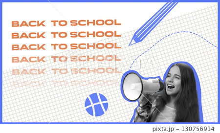 Student enthusiastically promotes back to school spirit with a megaphone at a school event in a colorful setting Student enthusiastically promotes back to school spirit with a megaphone at a school event in a colorful setting 130756914