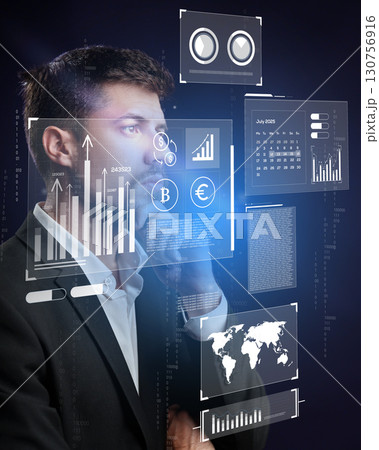 Business professional analyzing financial data with digital interfaces in a modern office environment Business professional analyzing financial data with digital interfaces in a modern office environment 130756916