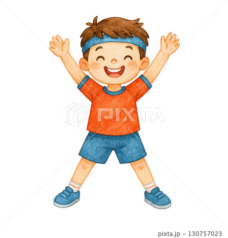 Happy child celebrating victory with joyful expression and pose. 130757023