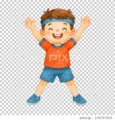 Happy child celebrating victory with joyful expression and pose. 130757023