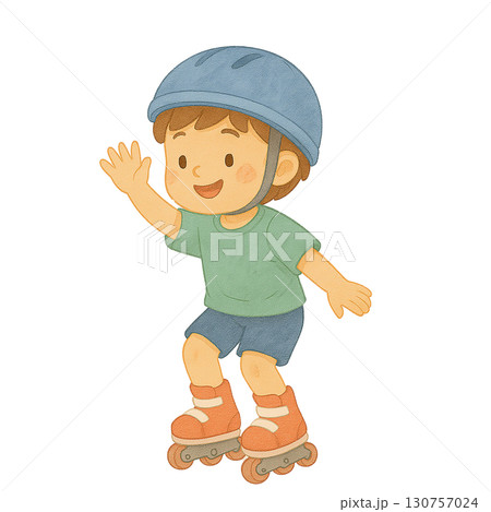 Happy child enjoying roller skating outdoors with protective gear. 130757024