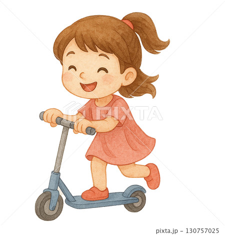 Happy girl riding a scooter with joy and playful spirit. 130757025