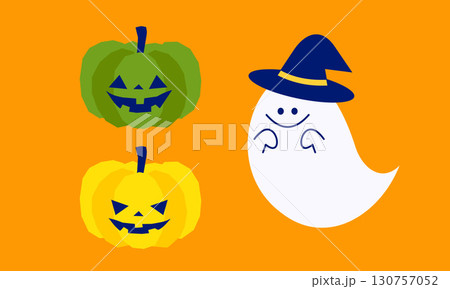 帽子を被ったおばけとかぼちゃのかわいいハロウィンイラストのセット 帽子を被ったおばけとかぼちゃのかわいいハロウィンイラストのセット 130757052