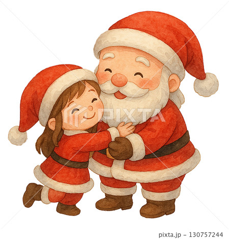 A cheerful Santa Claus hugging a joyful child in festive attire. 130757244