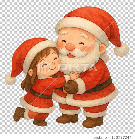 A cheerful Santa Claus hugging a joyful child in festive attire. 130757244