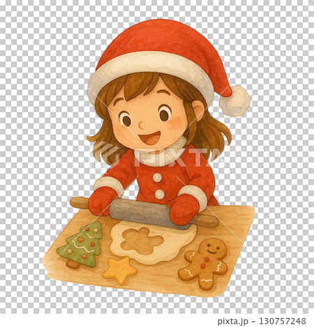 A girl baking festive cookies during the holiday season. 130757248
