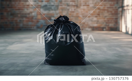 Plastic household waste on the front porch of the house waiting to be picked up by the cleaning crew 130757376