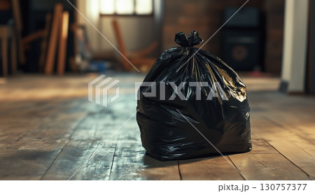 Plastic household waste on the front porch of the house waiting to be picked up by the cleaning crew Plastic household waste on the front porch of the house waiting to be picked up by the cleaning crew 130757377