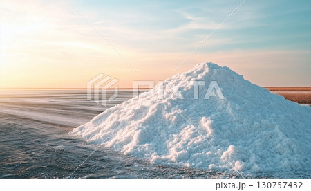 Pile farming salt mineral sea water evaporation with blue sky 130757432