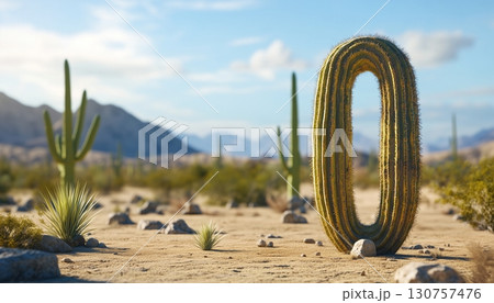 Shape number 0 made from cactus plant textured in desert background 130757476