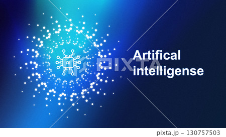 Innovative concept design illustrating artificial intelligence with a mesmerizing blue particle background and circuitry elements Innovative concept design illustrating artificial intelligence with a mesmerizing blue particle background and circuitry elements 130757503