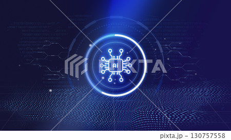 Futuristic depiction of artificial intelligence technology with digital circuitry and glowing elements 130757558