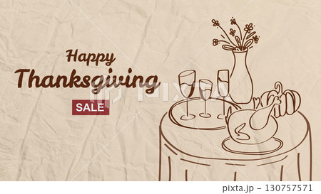 Thanksgiving celebration table with decor and wine glasses for holiday sale event 130757571