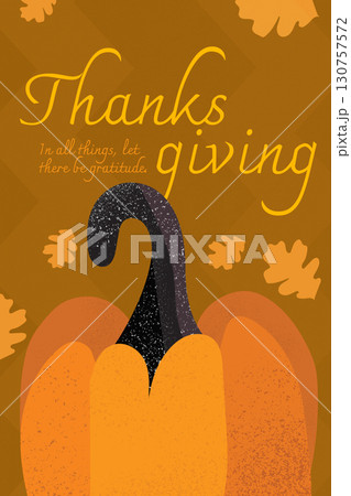 Decorative Thanksgiving design featuring a pumpkin and autumn leaves in warm colors 130757572