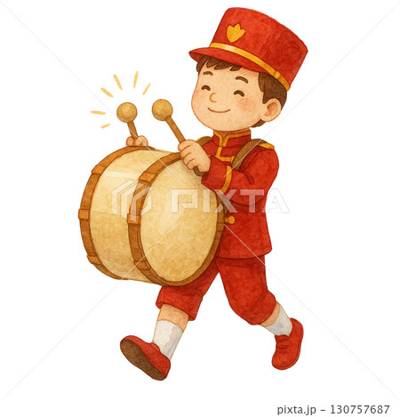 A cheerful boy in a red uniform joyfully playing the drum. 130757687