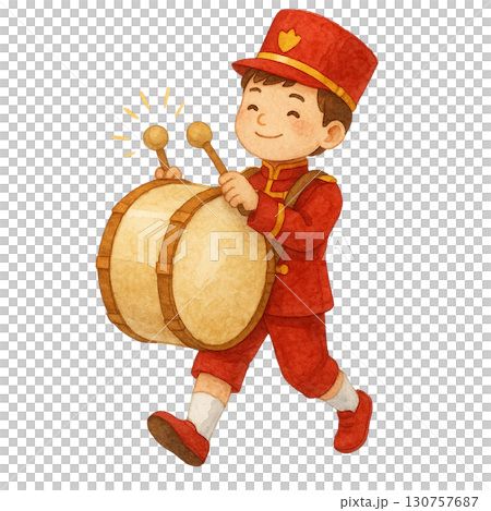 A cheerful boy in a red uniform joyfully playing the drum. 130757687