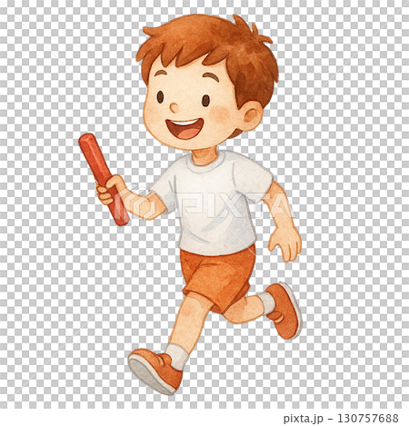 A cheerful boy running happily with a baton in hand. 130757688