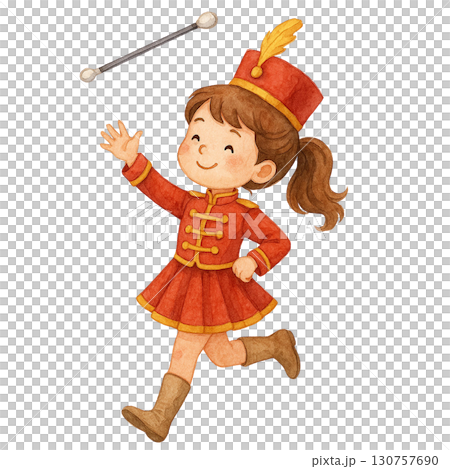 A cheerful girl in a marching band uniform performing joyfully. 130757690