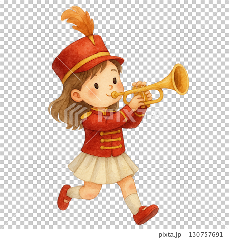 A cheerful girl in a red uniform playing a trumpet. 130757691