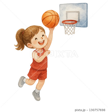 A joyful girl playing basketball, showcasing her skills. 130757698