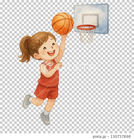 A joyful girl playing basketball, showcasing her skills. 130757698