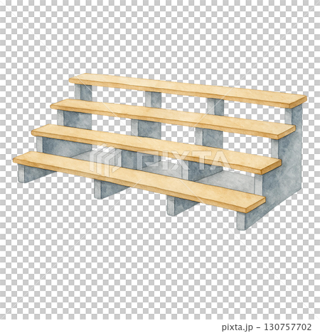 A sturdy bleacher with wooden seating for spectators. A sturdy bleacher with wooden seating for spectators. 130757702