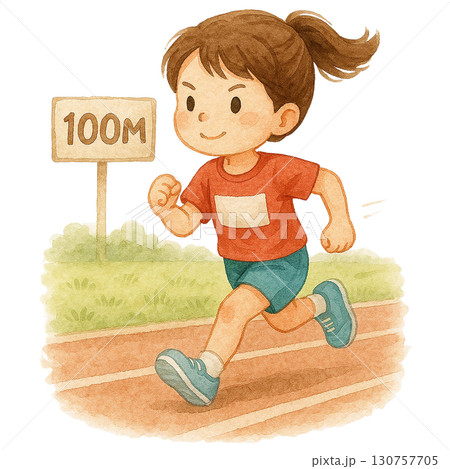A young girl sprinting at a track marked 100 meters. 130757705