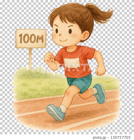 A young girl sprinting at a track marked 100 meters. 130757705