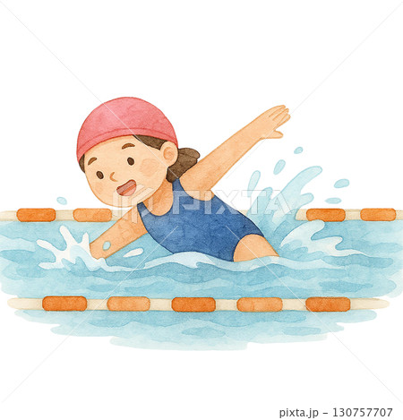 A young swimmer joyfully practicing in a pool setting. 130757707
