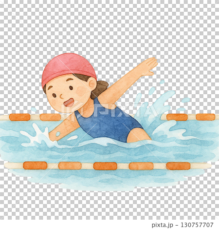 A young swimmer joyfully practicing in a pool setting. 130757707