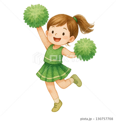 Cheerful child dancing with pom-poms in vibrant green outfit. 130757708