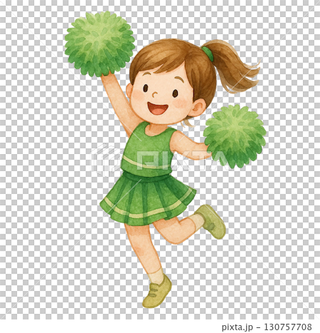 Cheerful child dancing with pom-poms in vibrant green outfit. 130757708