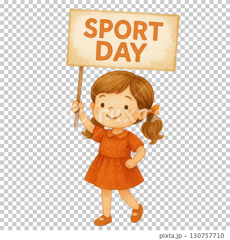 Cheerful girl holding a sign for Sport Day celebration. 130757710
