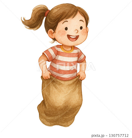 Cheerful girl in a sack race, enjoying a fun outdoor activity. Cheerful girl in a sack race, enjoying a fun outdoor activity. 130757712