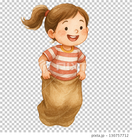 Cheerful girl in a sack race, enjoying a fun outdoor activity. Cheerful girl in a sack race, enjoying a fun outdoor activity. 130757712