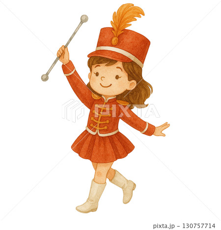Cheerful girl in a vibrant marching band costume performing. 130757714