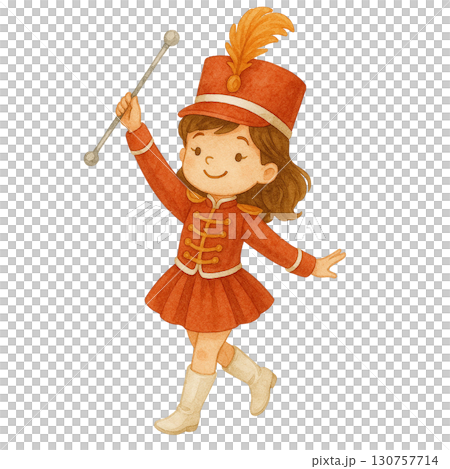 Cheerful girl in a vibrant marching band costume performing. 130757714