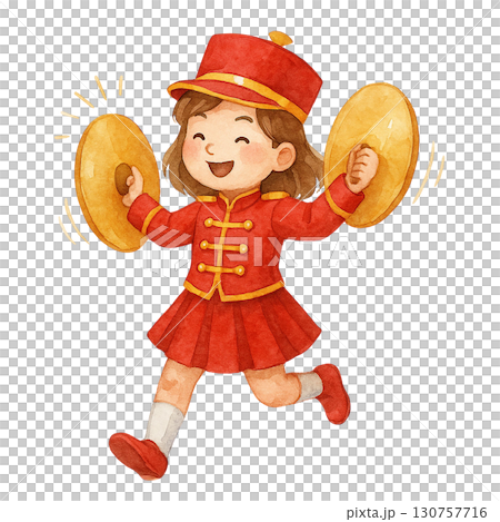 Cheerful girl in red uniform joyfully playing cymbals. Cheerful girl in red uniform joyfully playing cymbals. 130757716