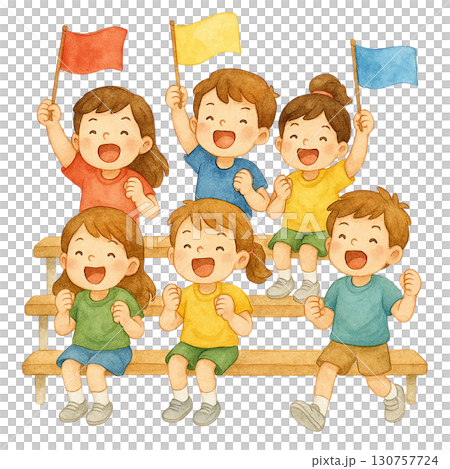 Children cheering in a colorful celebration, waving flags joyfully. 130757724