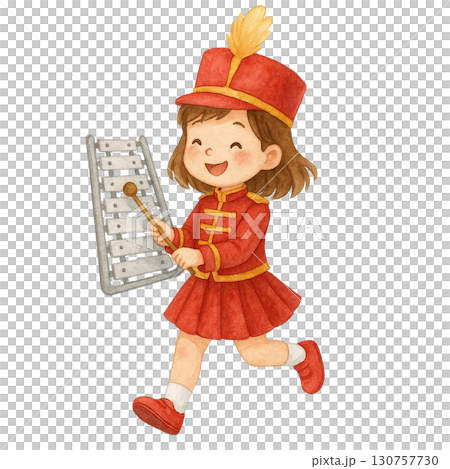 Happy girl in a marching band uniform playing a xylophone. 130757730