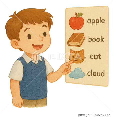 A boy pointing at educational words with illustrations. 130757772