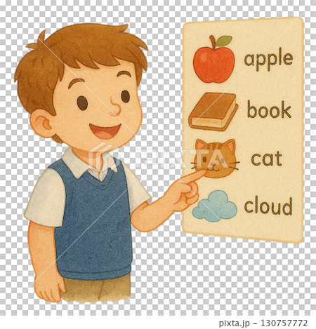A boy pointing at educational words with illustrations. 130757772