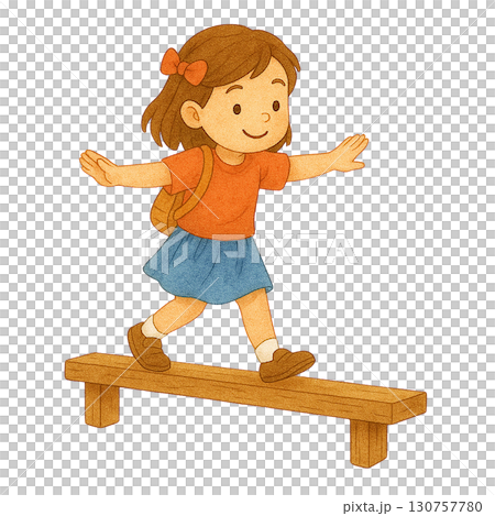 A cheerful girl balancing on a wooden beam, enjoying her playtime. 130757780