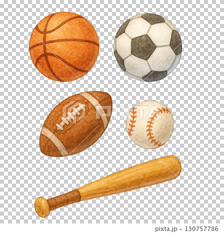 A collection of various sports balls and a baseball bat. 130757786