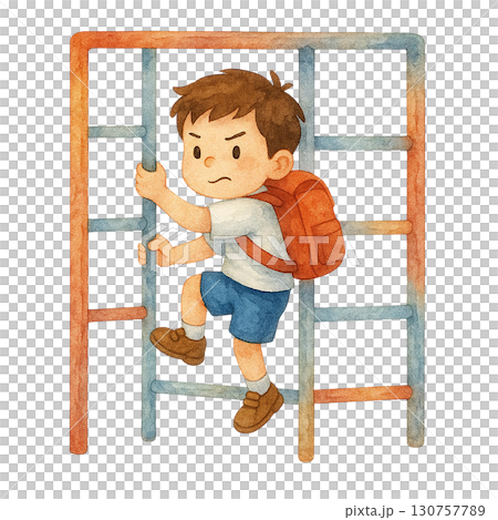 A determined boy climbing a colorful playground ladder. 130757789