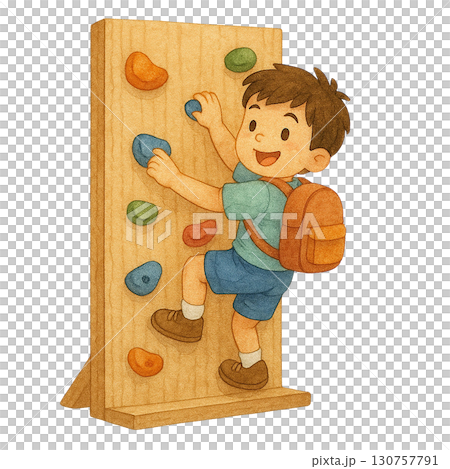 A joyful child climbing a colorful rock wall, exploring adventure. 130757791