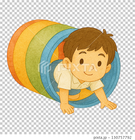 A joyful child exploring a colorful tunnel structure. A joyful child exploring a colorful tunnel structure. 130757792